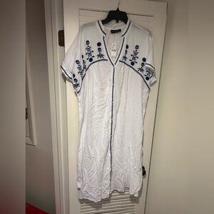 Lane Bryant White Swim Cover Up Dress with Navy Floral Embroidery
